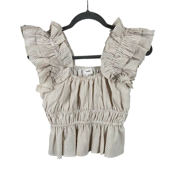 Aureum Striped Ruffle Top Size Small Cream Tan Elastic Smocked Peplum Tank - Picture 1 of 9